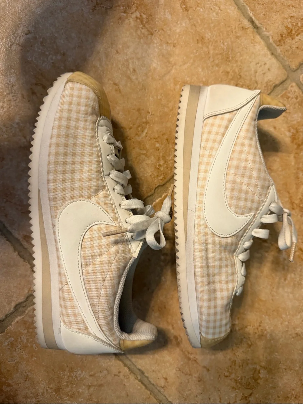 Nike Women’s Gingham Cortez Sneakers in Cream and White
